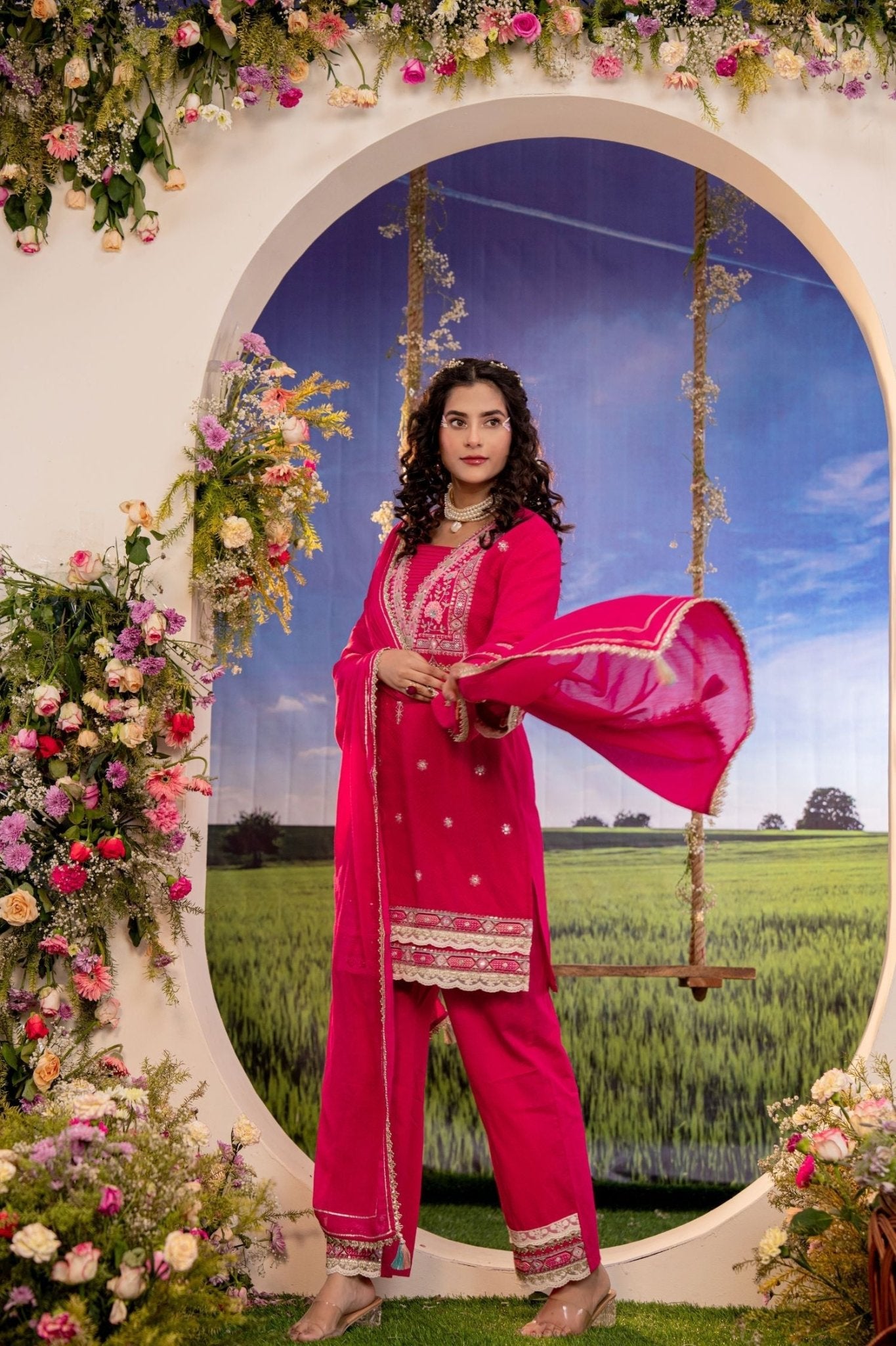 Rani Pink Embroidered Three-Piece Suit Set - Freyaa USA & Canada