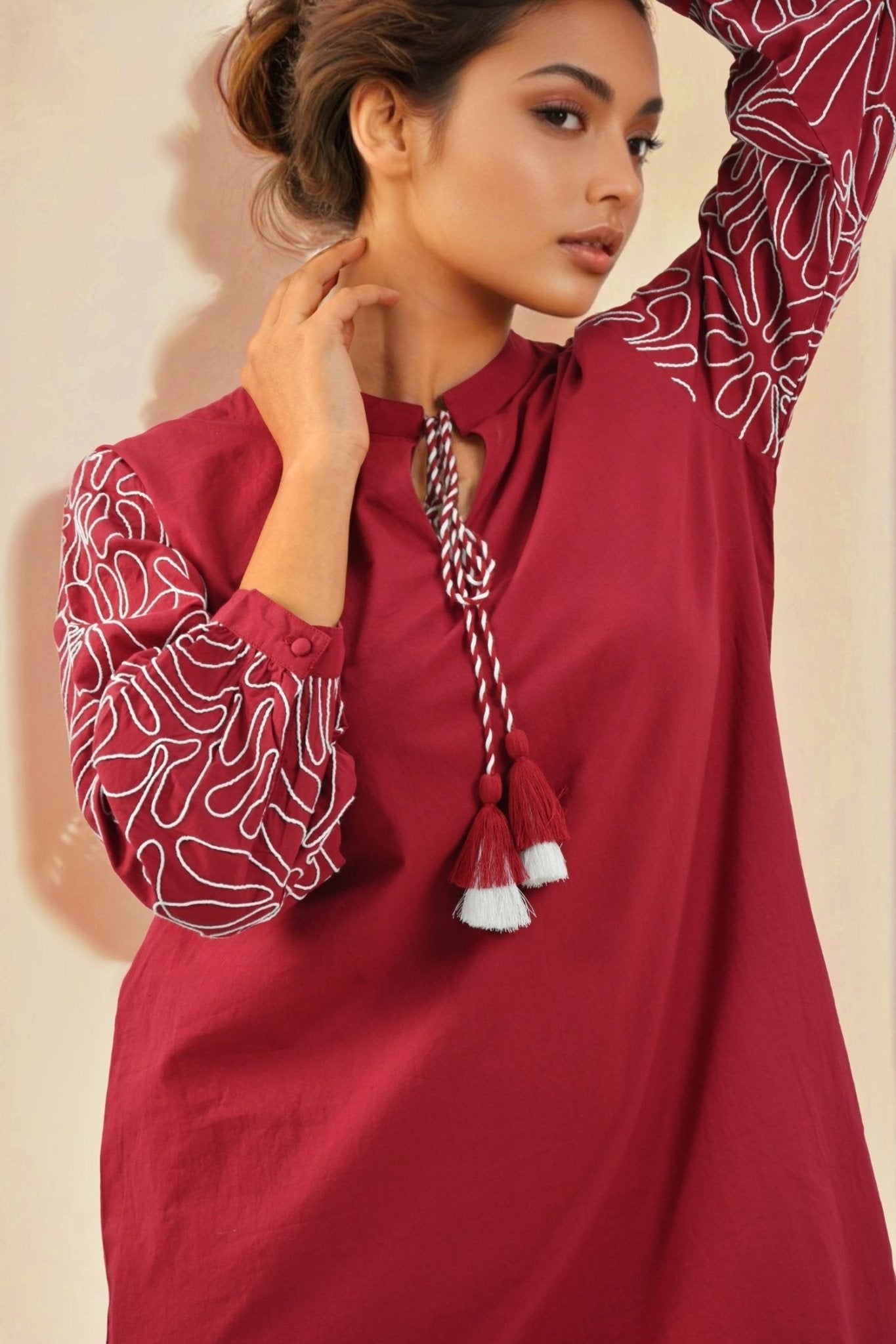 Solid Red Cord Set with Sleeve & Bottom Detail - Freyaa USA & Canada