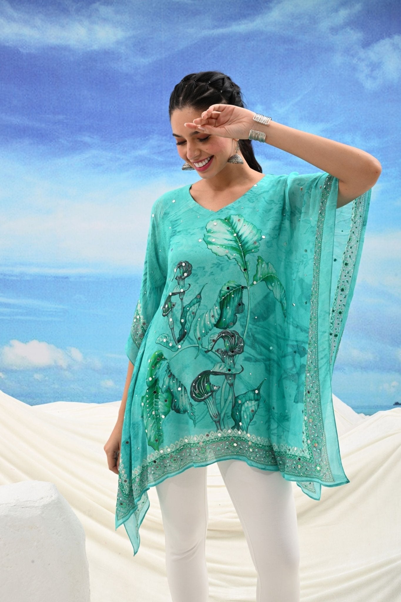 Turquoise Viscose Embroidered Kaftan Dress - Freyaa USA & Canada