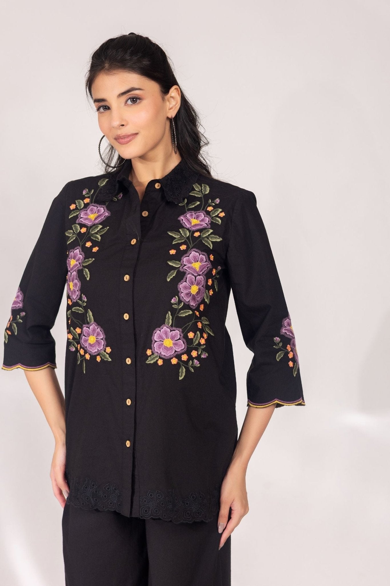 Black Cotton Co-ord Set with Multi Floral Work - Freyaa USA & Canada
