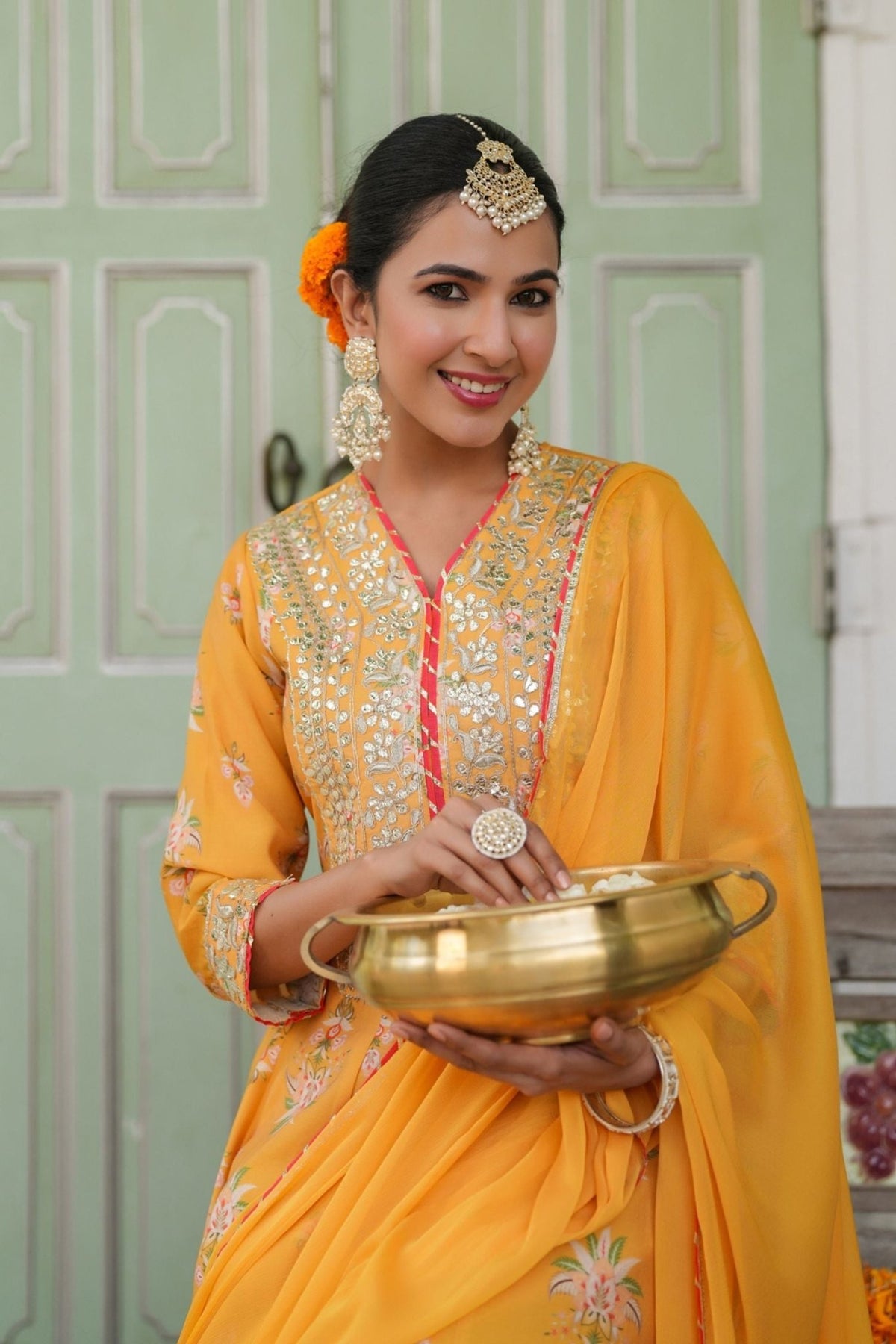 Freyaa Mustard Yellow Printed Embroidered Silk Blend Calf-Length Anarkali Suit With Dupatta - Freyaa USA & Canada