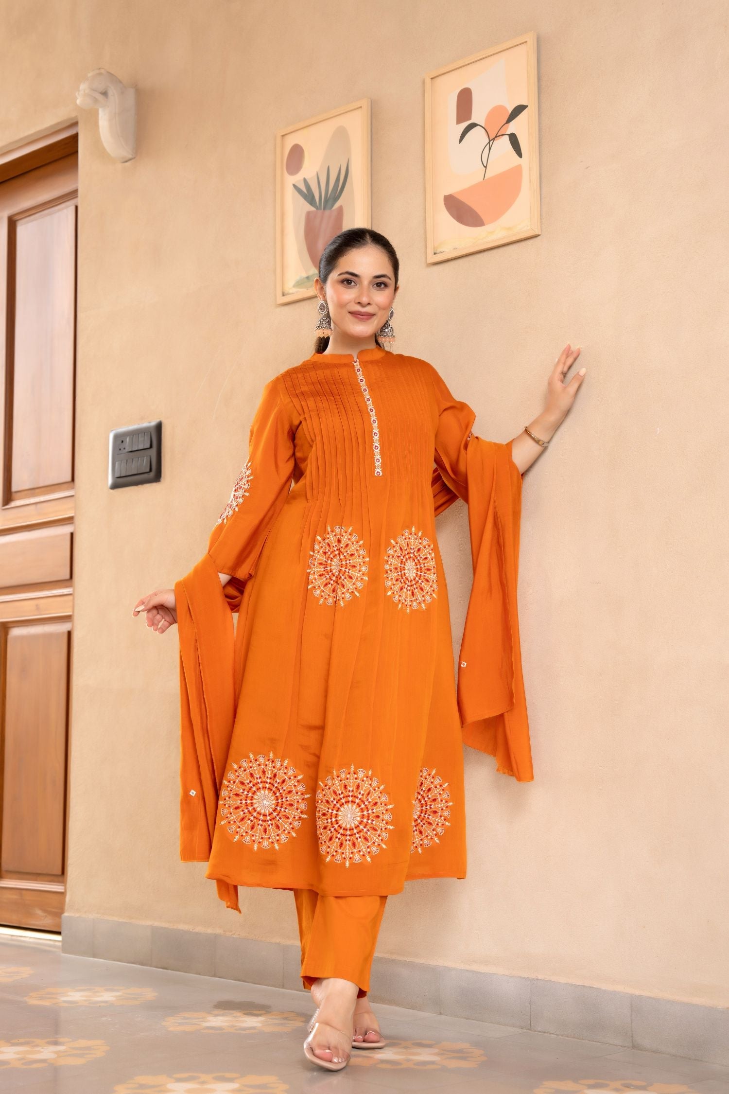 Cotton Three-Piece Ensemble with Elegant Neck Embroidery and Bold Circle Motif