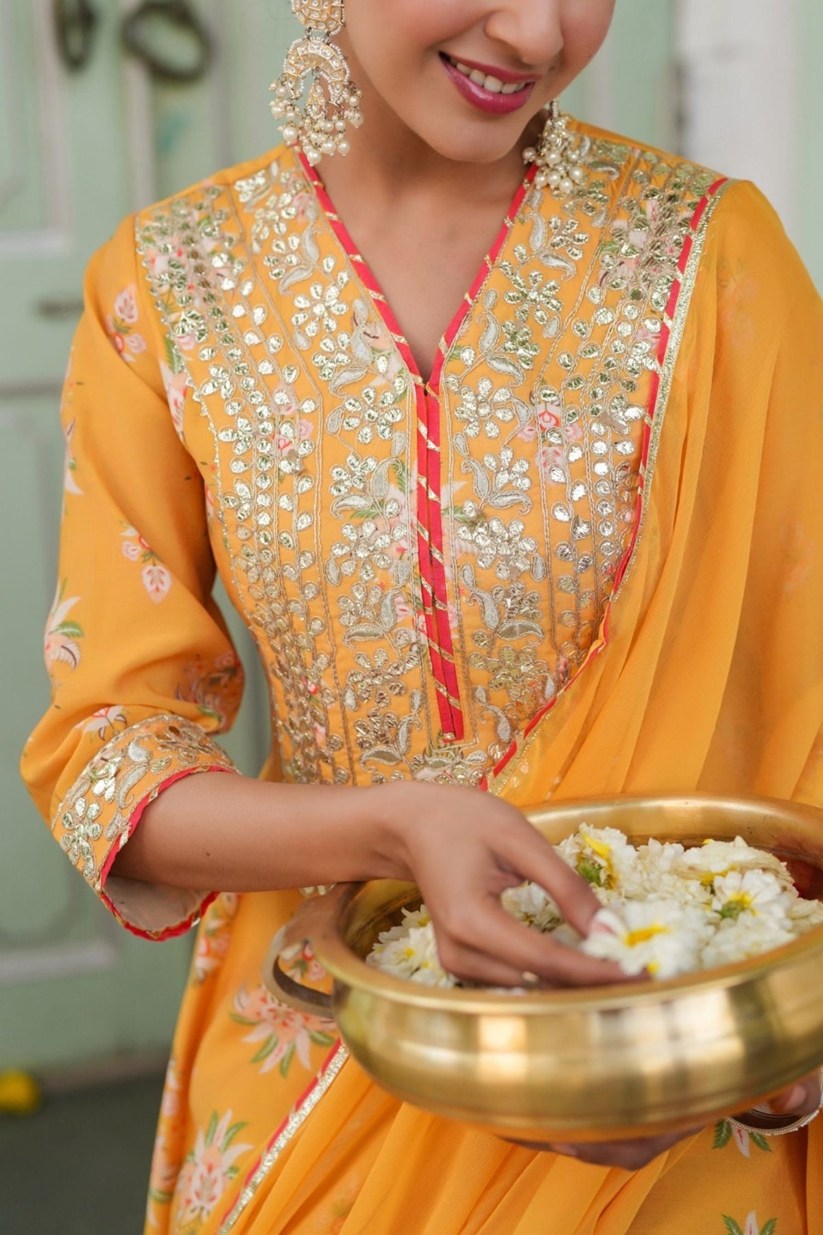 Freyaa Mustard Yellow Printed Embroidered Silk Blend Calf-Length Anarkali Suit With Dupatta - Freyaa USA & Canada