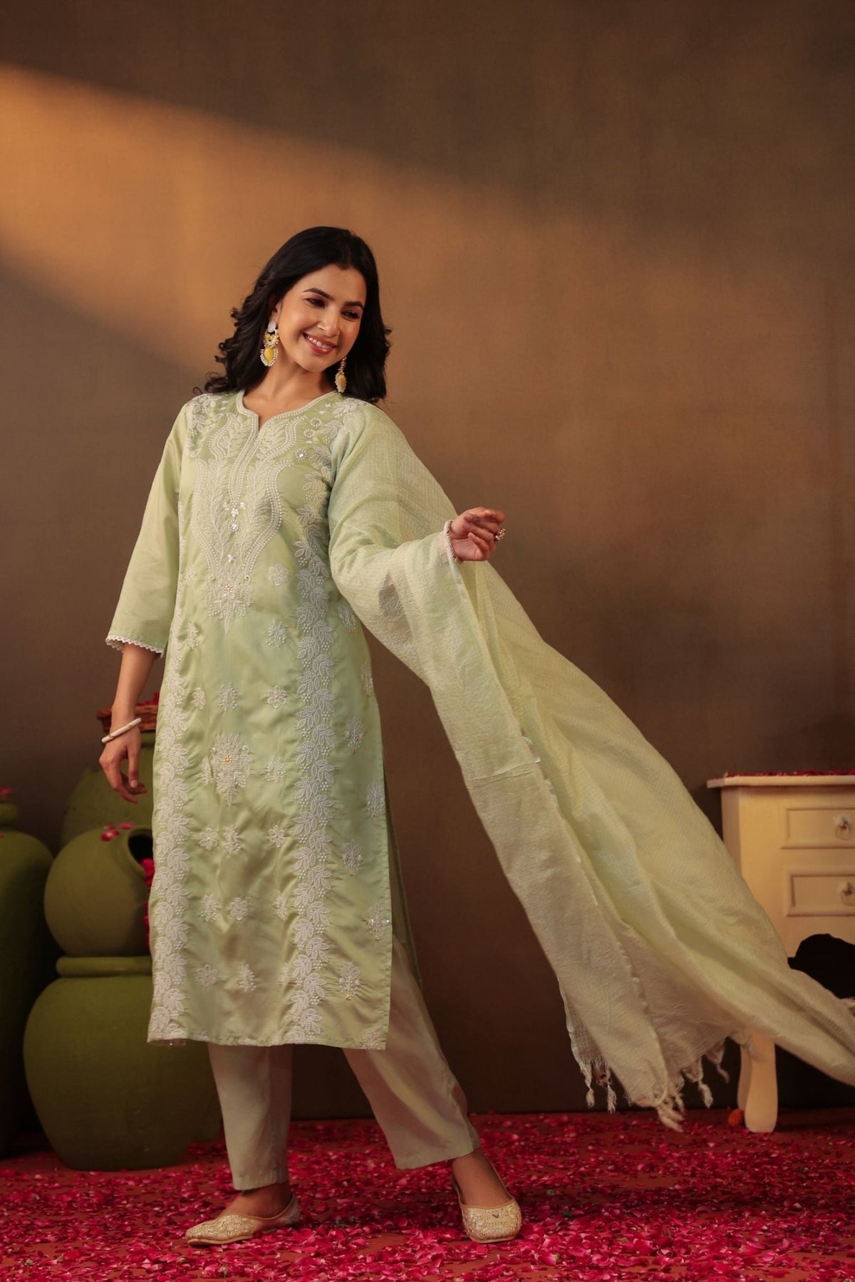 Freyaa Pista Green Embroidered Straight Kurta Trouser with Dupatta Set - Freyaa USA & Canada