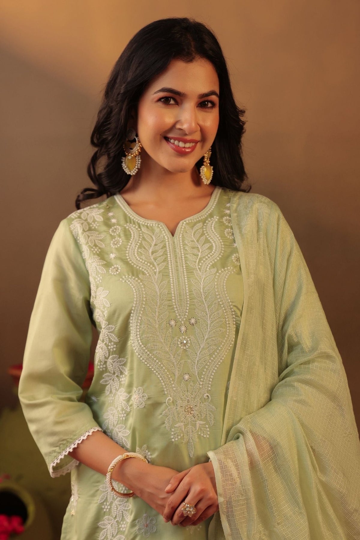 Freyaa Pista Green Embroidered Straight Kurta Trouser with Dupatta Set - Freyaa USA & Canada