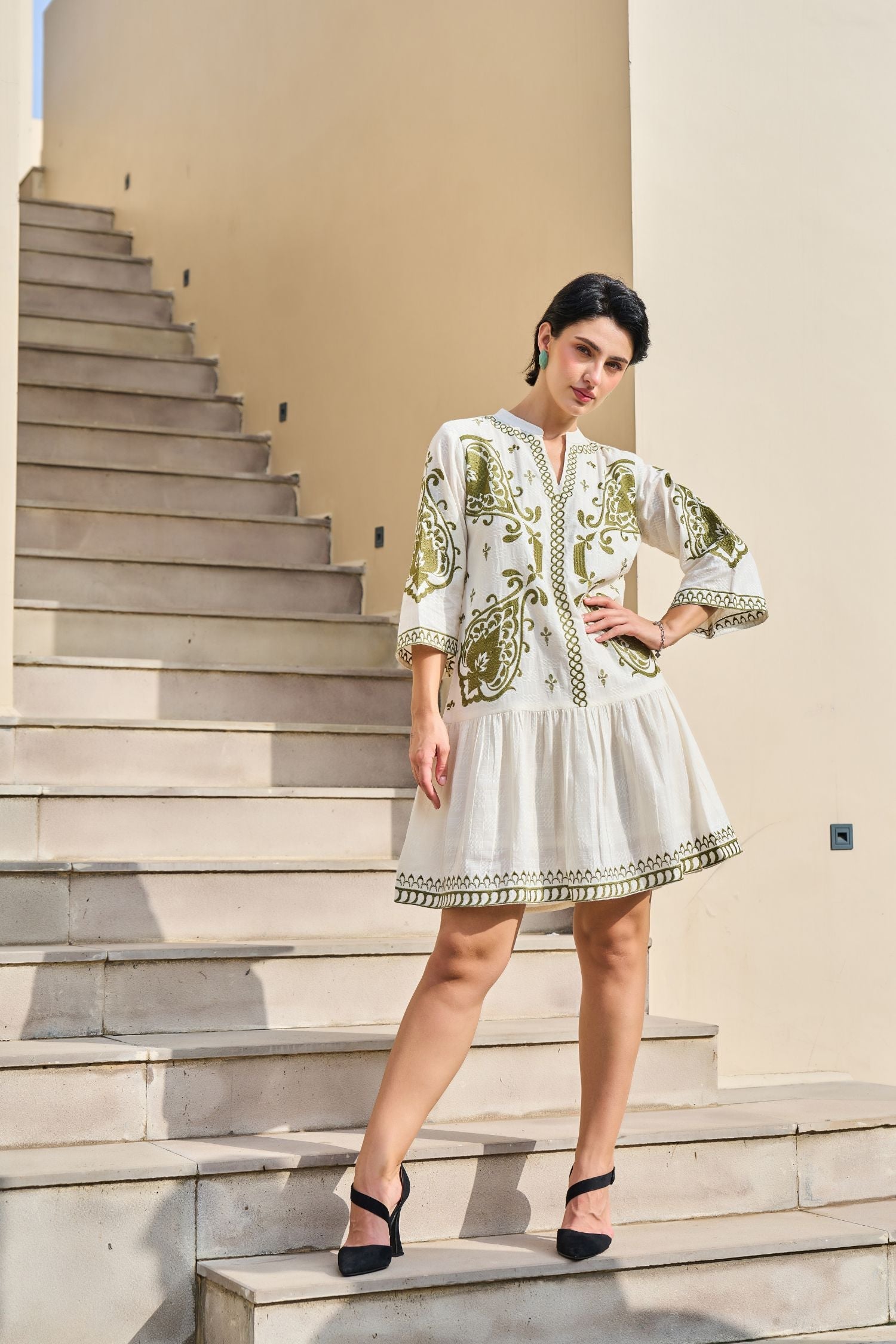 Modern Cream Tunic Accented with Green Thread Work
