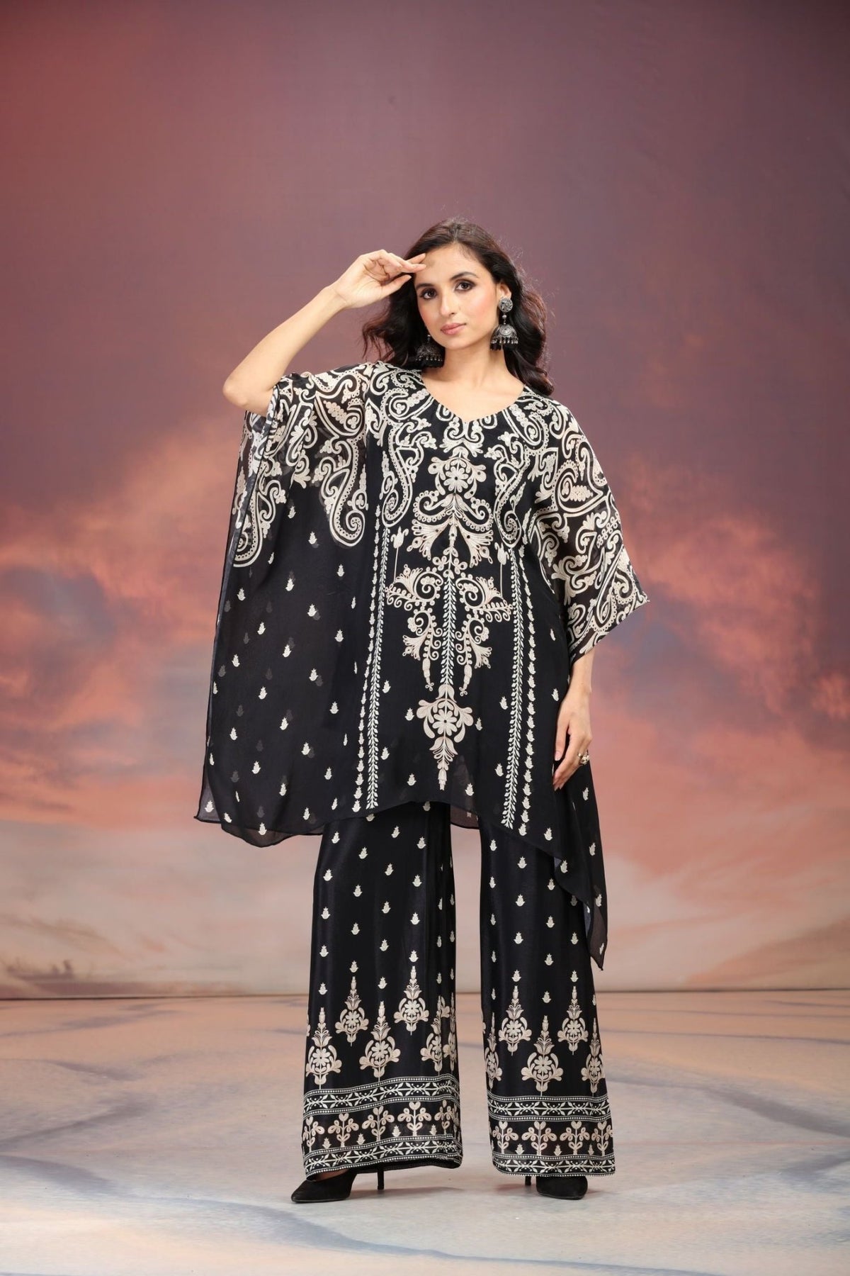 Black Sharara-Style Two-Piece Cord Set with Detailed Embroidered Design - Freyaa USA & Canada
