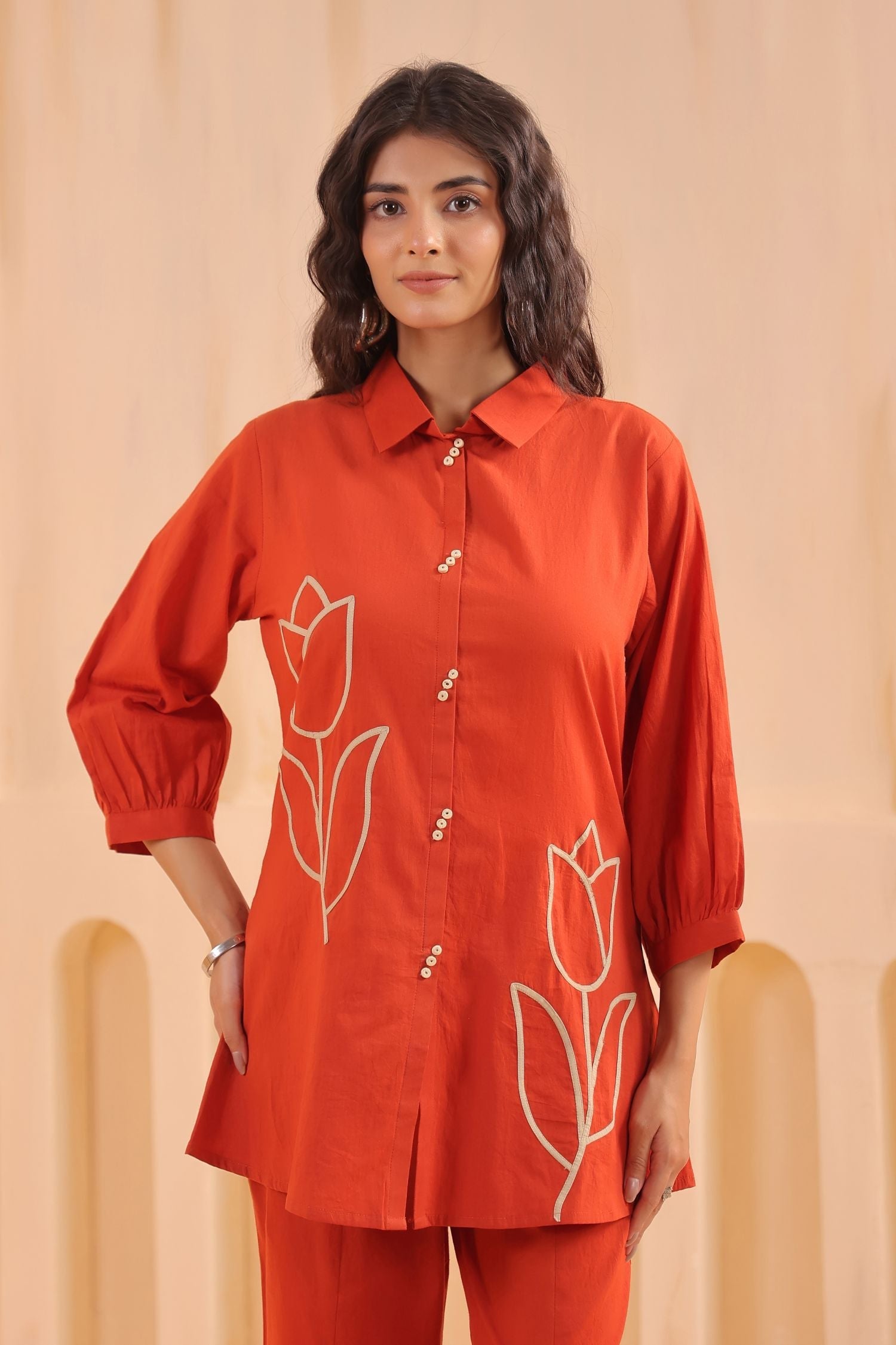 Rust Embroidered Top with Bell Bottom Cord Set