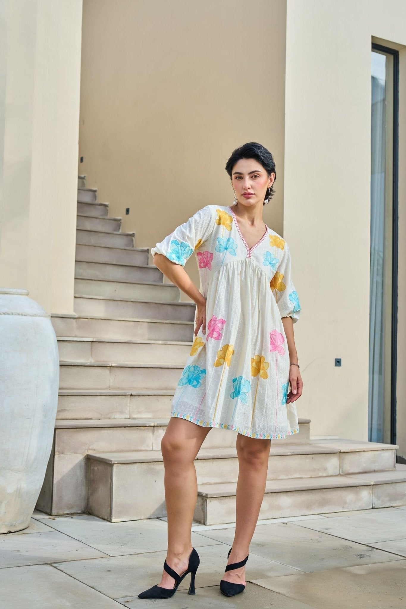 Elegant Tunic Featuring Vibrant Mix-Color Floral Embroidery - Freyaa USA & Canada